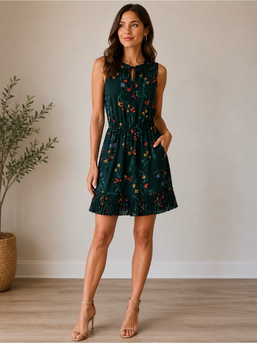 Ann Taylor Sleeveless Green Floral Tie-Neck Dress